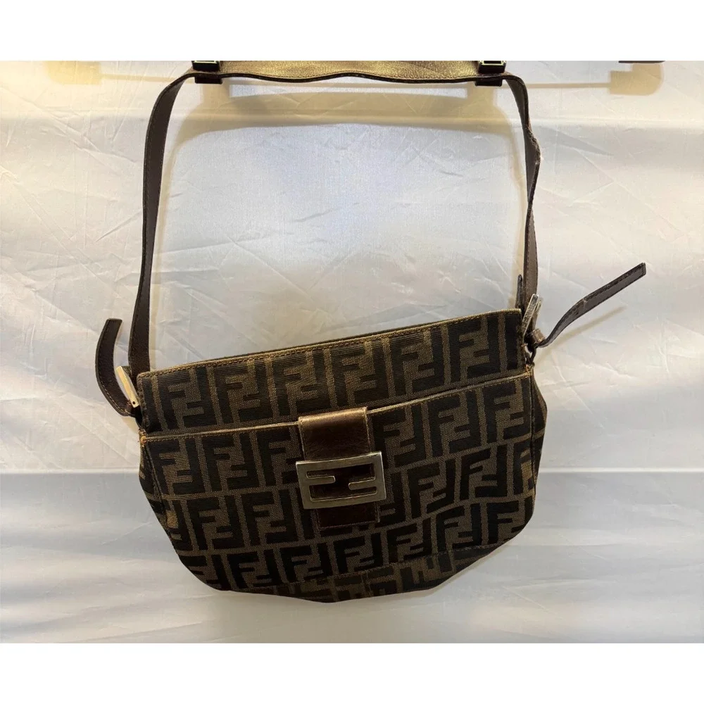 Vintage Fendi Zucca FF Monogram Canvas Leather Baguette Shoulder Bag Italy - Picture 1 of 15